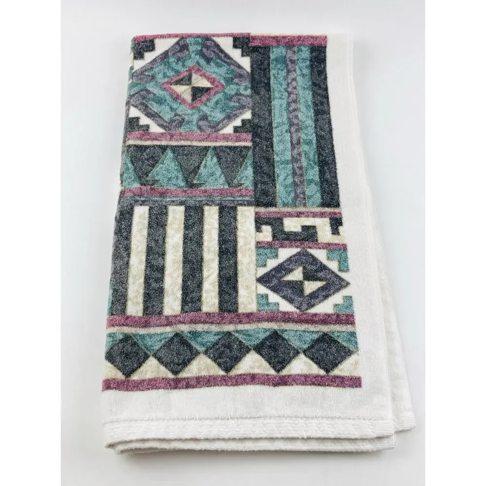 Vintage 1990s Springs Bath Towel USA Teal Geometric Vaporwave Memphis Design Dec